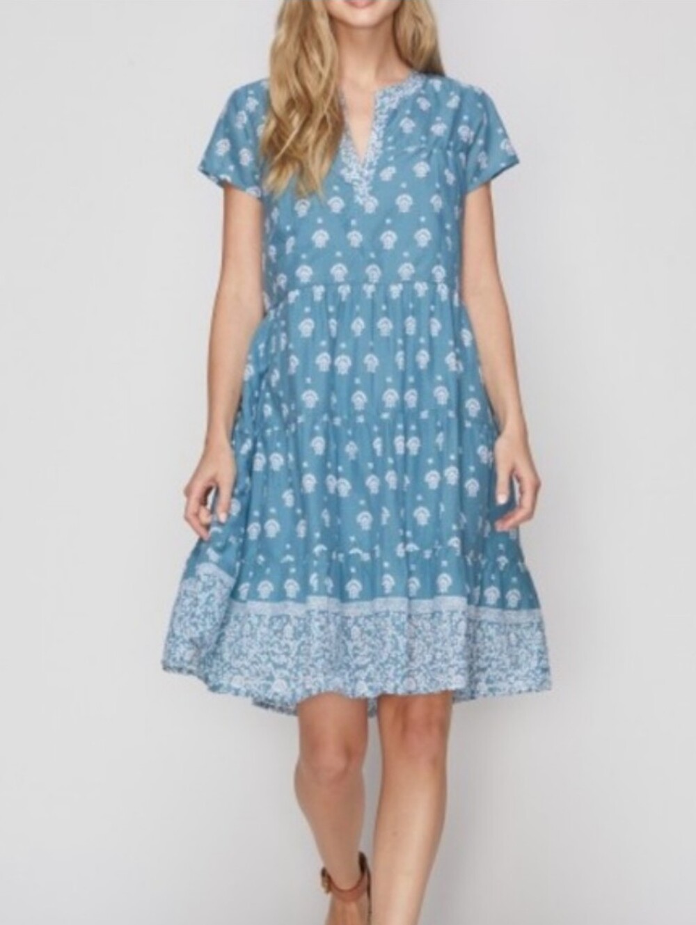 Roller Rabbit Pamela Mini Dress Tashi Border Blue White Bohemian Cotton Size S